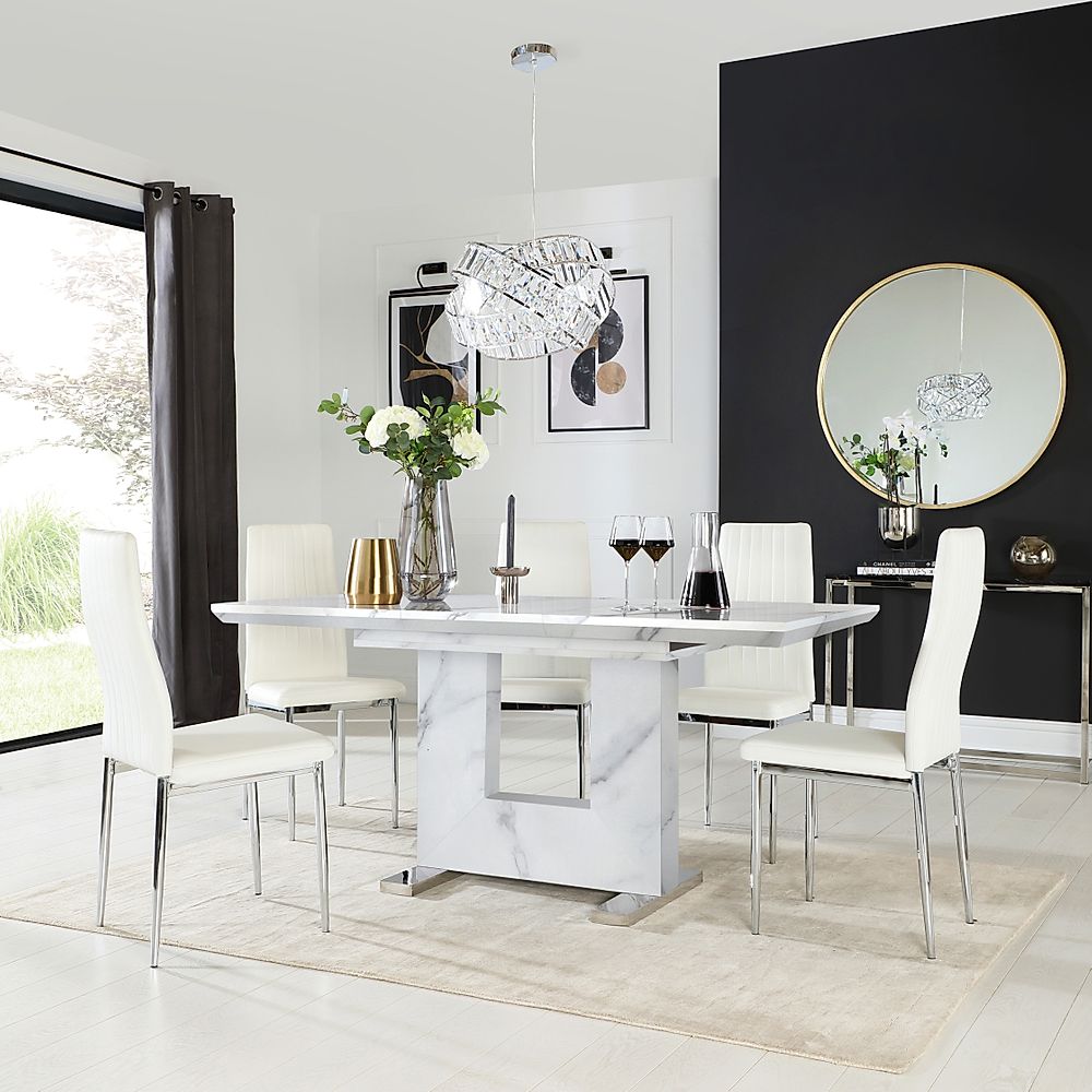Florence Extending Dining Table & 6 Leon Chairs, White Marble Effect, White Classic Faux Leather & Chrome, 120-160cm