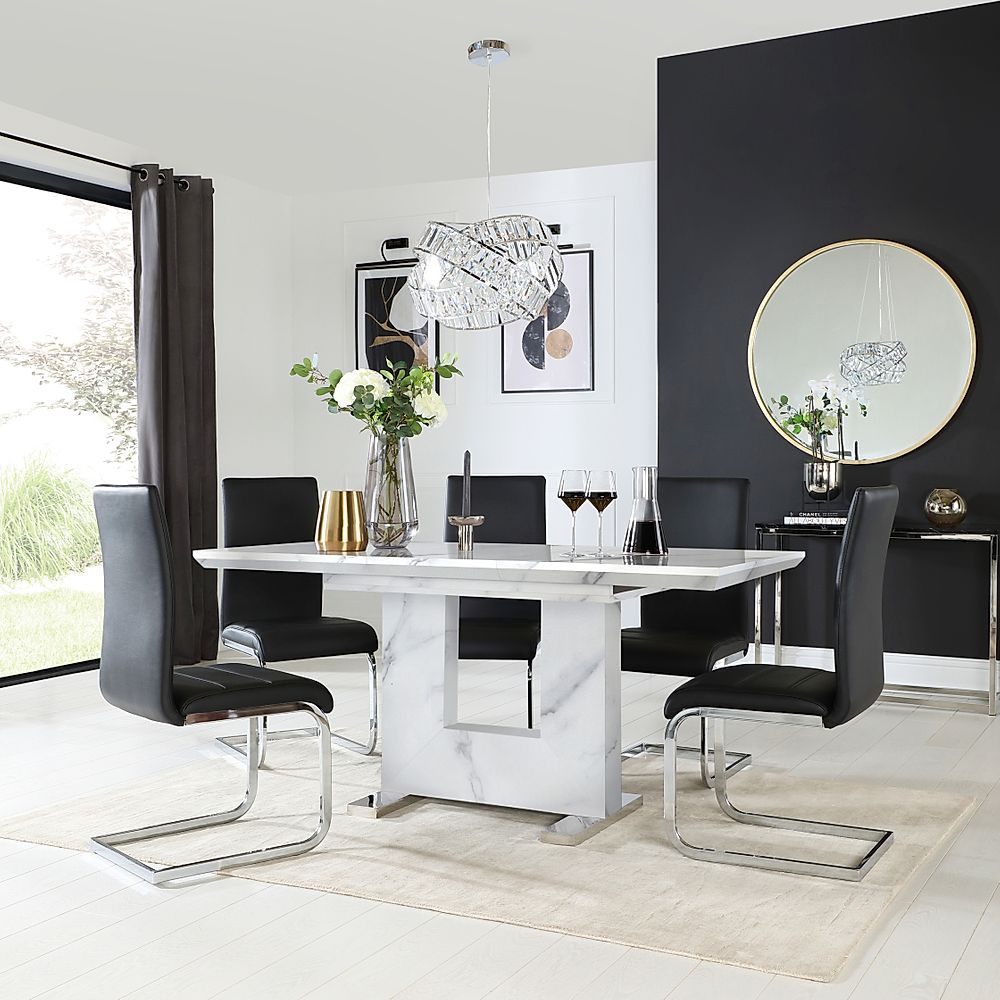 Florence Extending Dining Table & 4 Perth Chairs, White Marble Effect, Black Classic Faux Leather & Chrome, 120-160cm