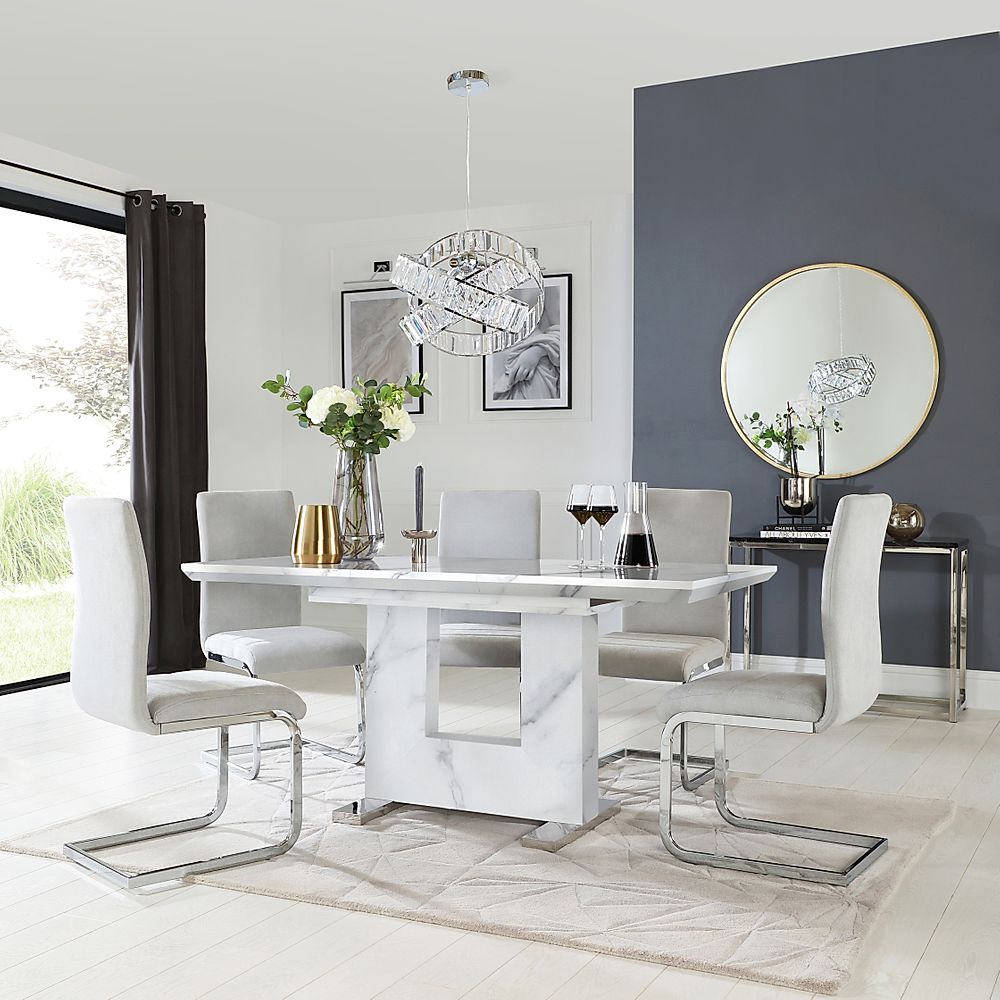 Florence Extending Dining Table & 4 Perth Chairs, White Marble Effect, Dove Grey Classic Plush Fabric & Chrome, 120-160cm