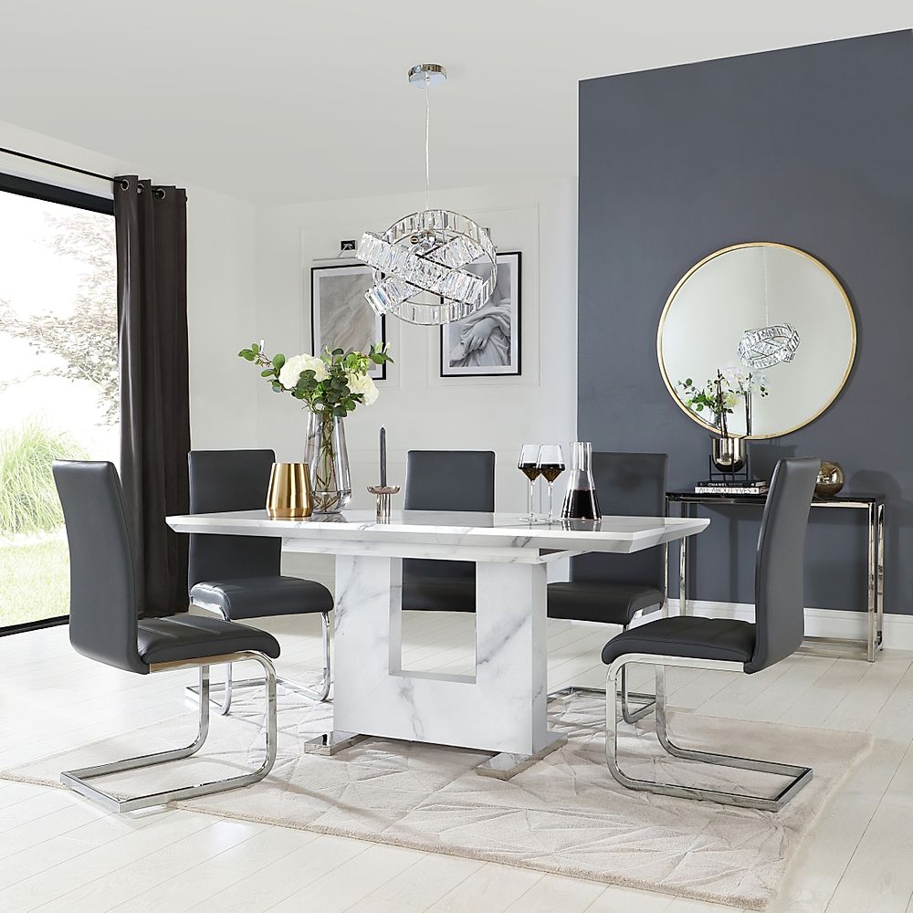 Florence Extending Dining Table & 4 Perth Chairs, White Marble Effect, Grey Classic Faux Leather & Chrome, 120-160cm