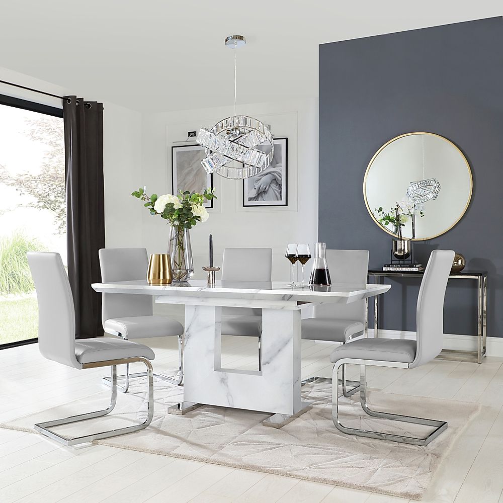 Florence Extending Dining Table & 4 Perth Chairs, White Marble Effect, Light Grey Classic Faux Leather & Chrome, 120-160cm