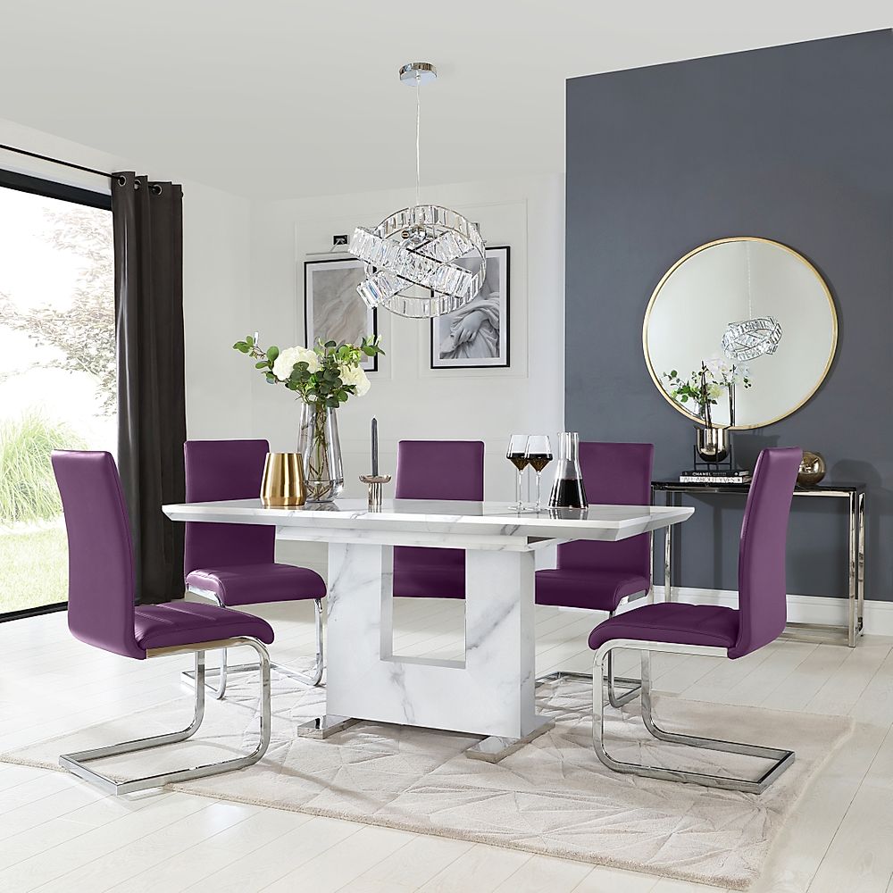 Florence Extending Dining Table & 4 Perth Chairs, White Marble Effect, Purple Classic Faux Leather & Chrome, 120-160cm