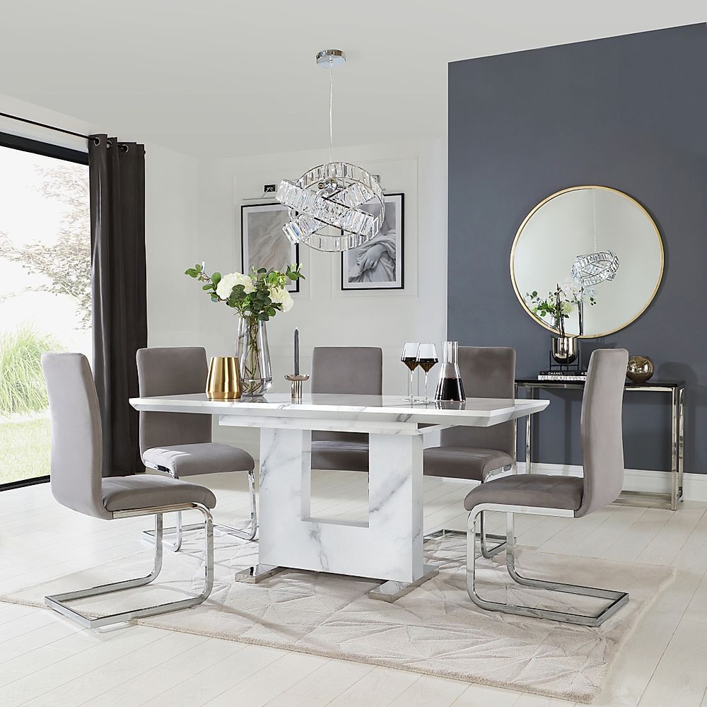 Florence Extending Dining Table & 6 Perth Chairs, White Marble Effect, Grey Classic Velvet & Chrome, 120-160cm