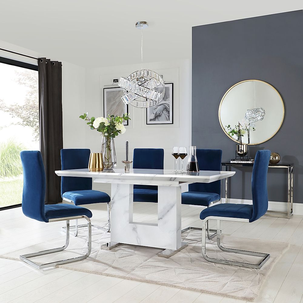 Florence Extending Dining Table & 6 Perth Chairs, White Marble Effect, Blue Classic Velvet & Chrome, 120-160cm