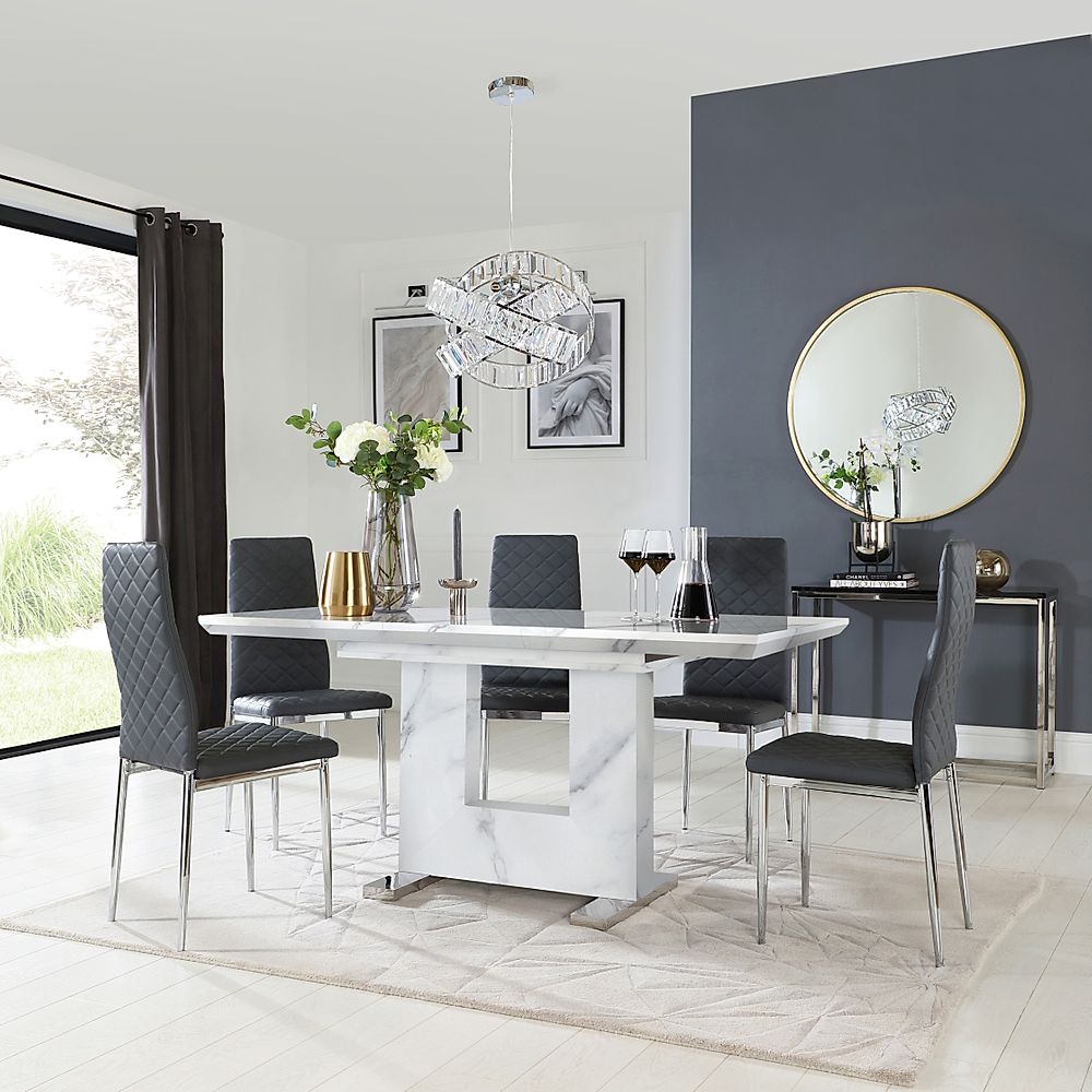 Florence Extending Dining Table & 6 Renzo Chairs, White Marble Effect, Grey Classic Faux Leather & Chrome, 120-160cm
