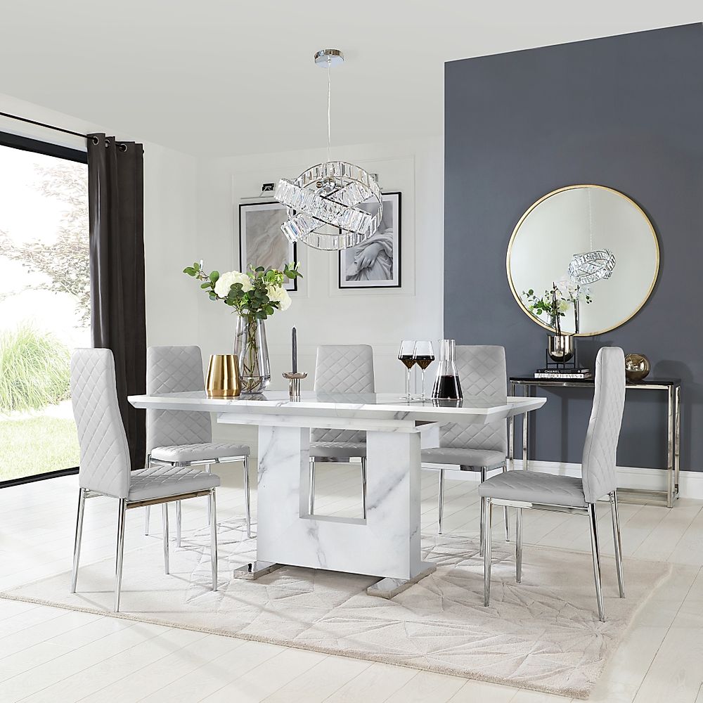 Florence Extending Dining Table & 6 Renzo Chairs, White Marble Effect, Light Grey Classic Faux Leather & Chrome, 120-160cm