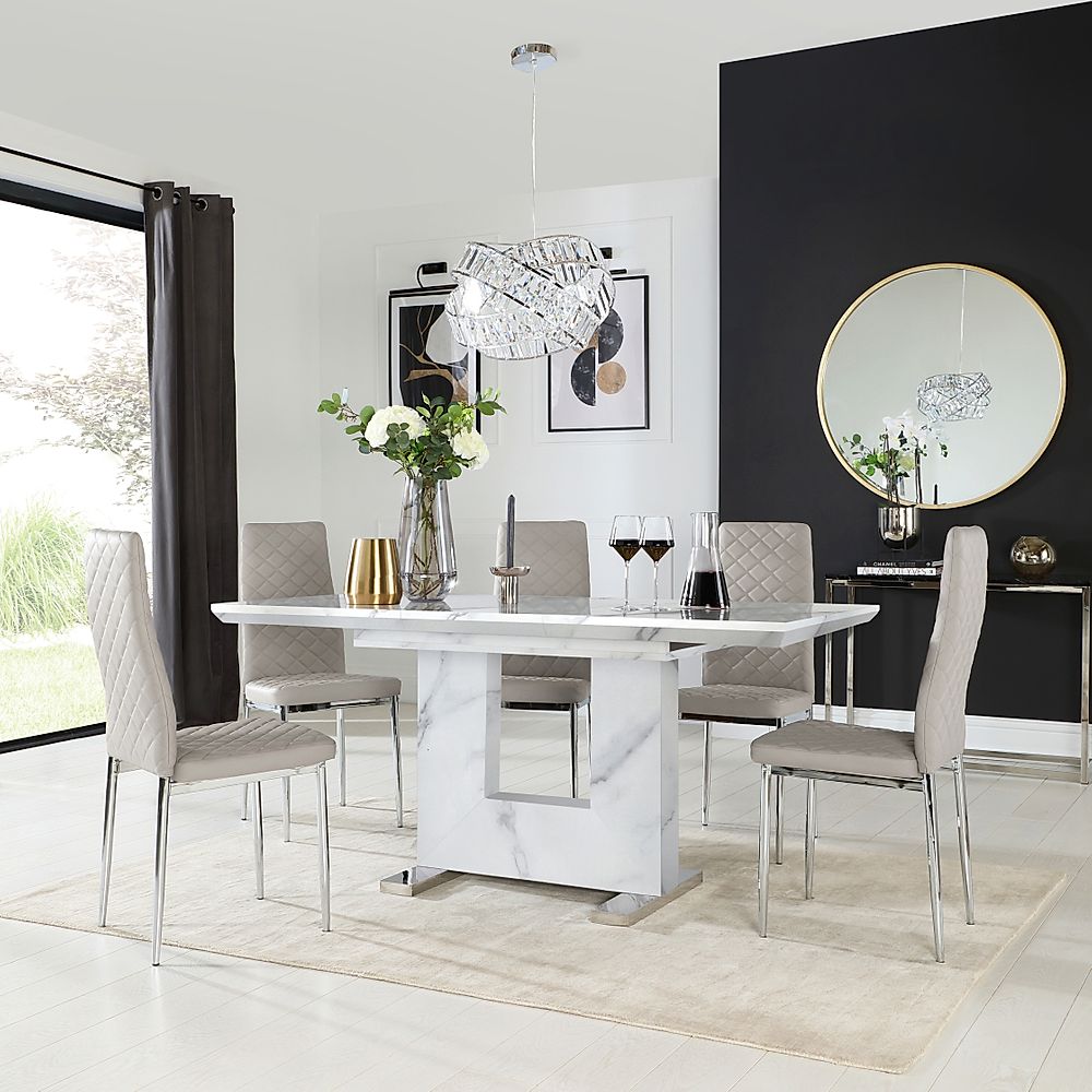Florence Extending Dining Table & 4 Renzo Chairs, White Marble Effect, Stone Grey Classic Faux Leather & Chrome, 120-160cm