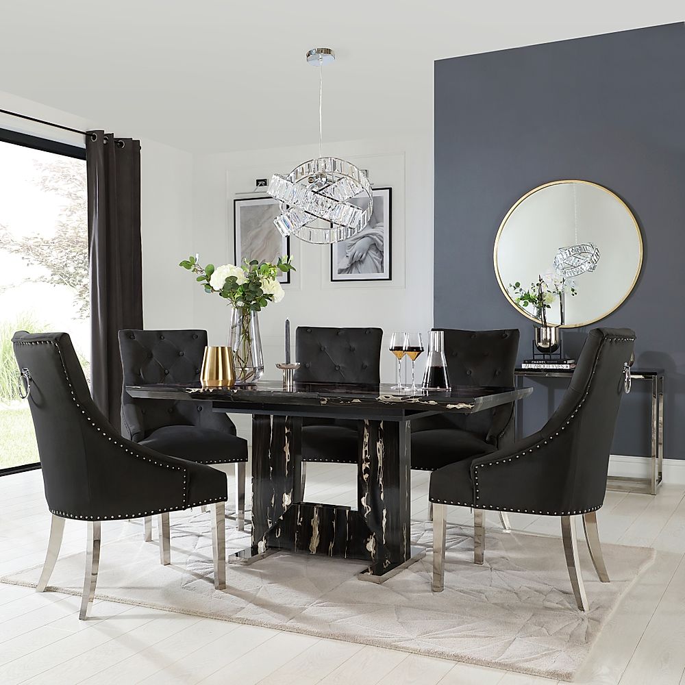 Florence Extending Dining Table & 4 Imperial Chairs, Black Marble Effect, Black Classic Velvet & Chrome, 120-160cm