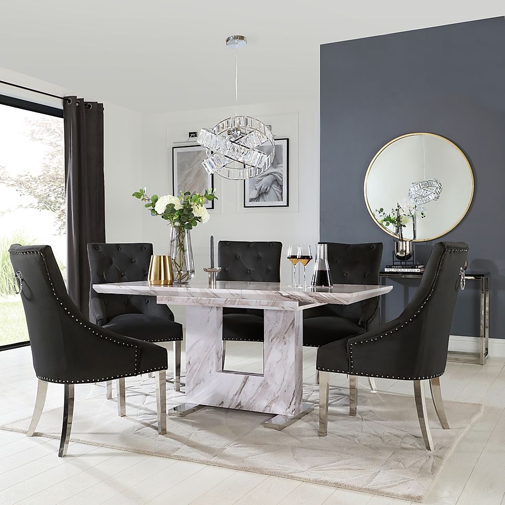 Florence Extending Dining Table & 4 Imperial Chairs, Grey Marble Effect, Black Classic Velvet & Chrome, 120-160cm