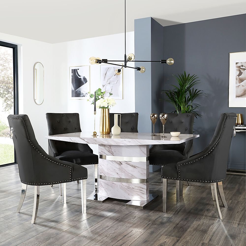 Komoro Dining Table & 6 Imperial Chairs, Grey Marble Effect & Chrome, Black Classic Velvet, 160cm