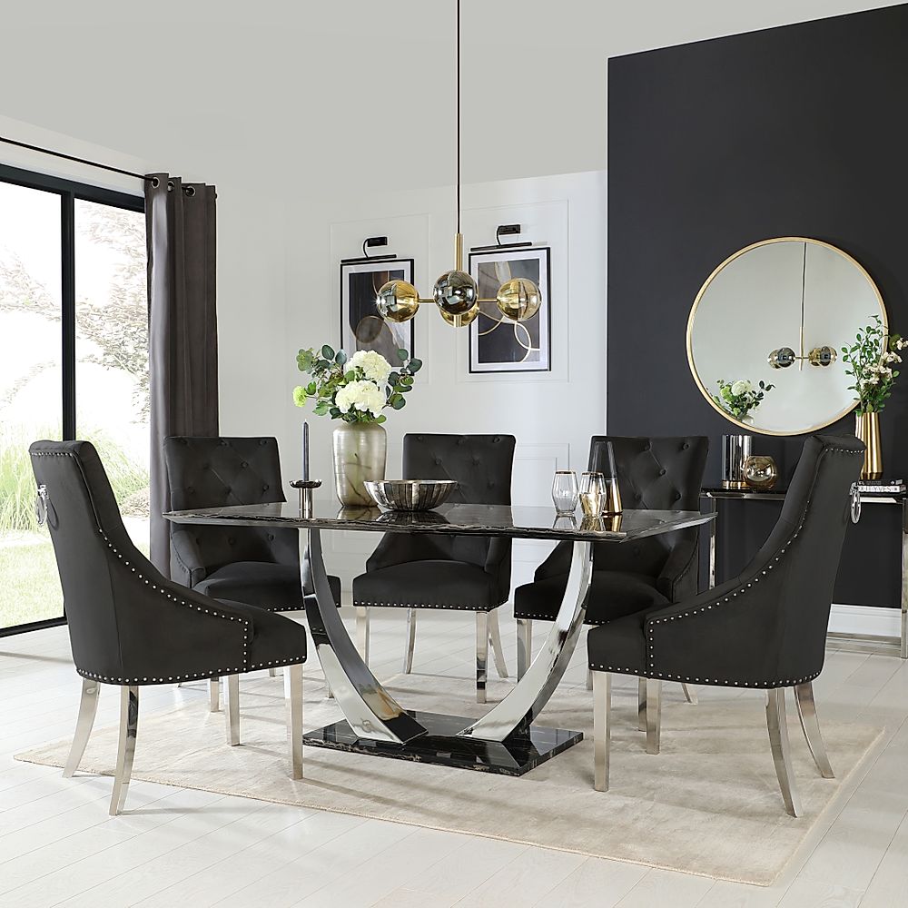 Peake Dining Table & 6 Imperial Chairs, Black Marble Effect & Chrome, Black Classic Velvet, 160cm