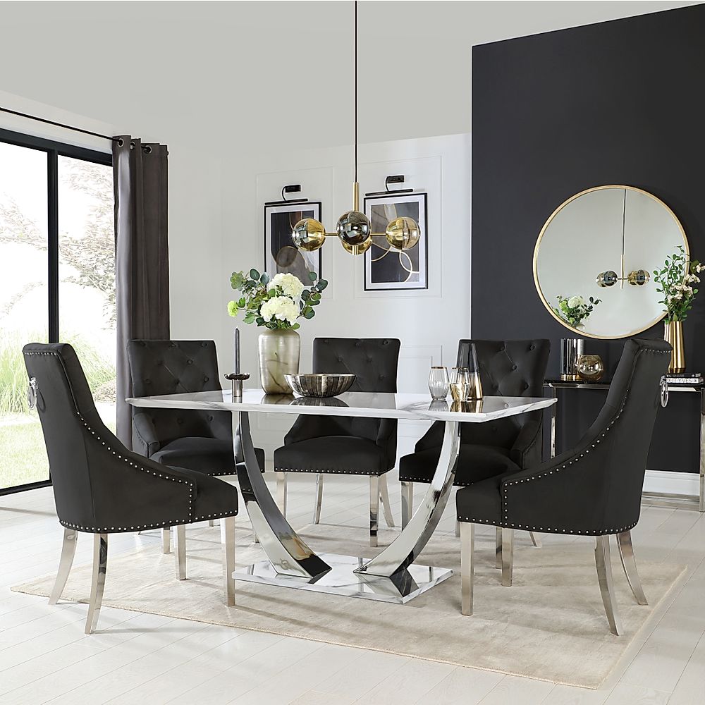 Peake Dining Table & 6 Imperial Chairs, White Marble Effect & Chrome, Black Classic Velvet, 160cm