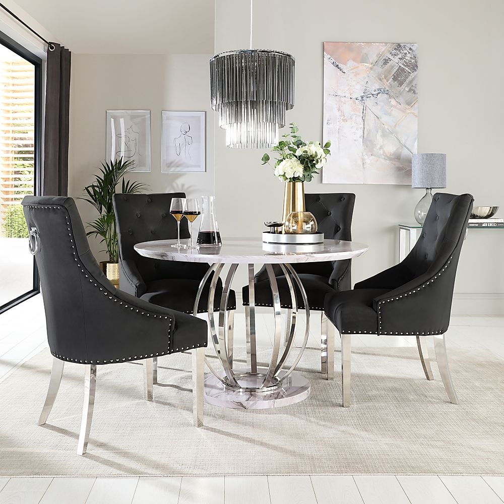 Savoy Round Dining Table & 4 Imperial Chairs, Grey Marble Effect & Chrome, Black Classic Velvet, 120cm