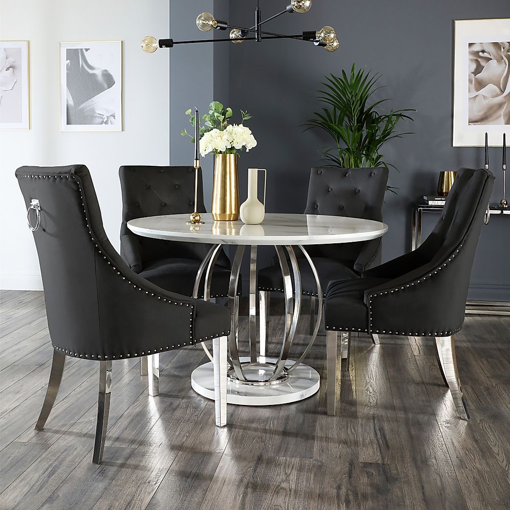 Savoy Round Dining Table & 4 Imperial Chairs, White Marble Effect & Chrome, Black Classic Velvet, 120cm