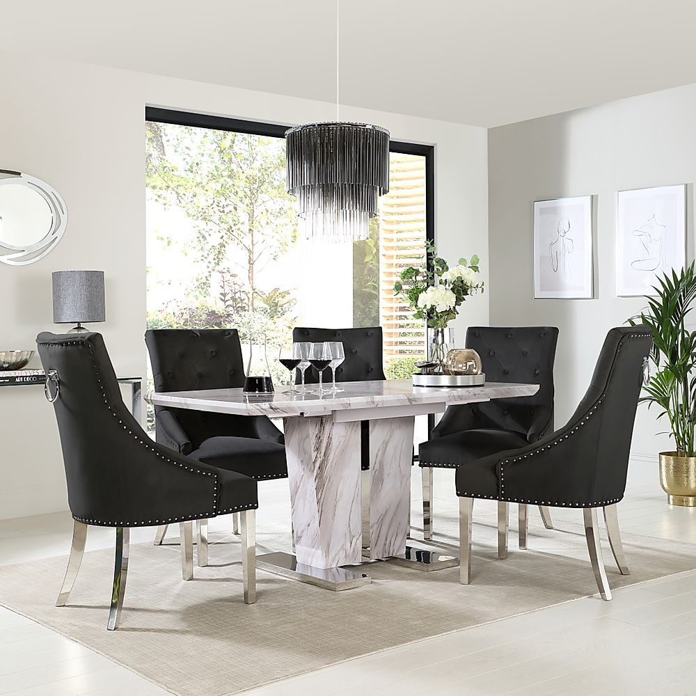 Vienna Extending Dining Table & 6 Imperial Chairs, Grey Marble Effect, Black Classic Velvet & Chrome, 120-160cm