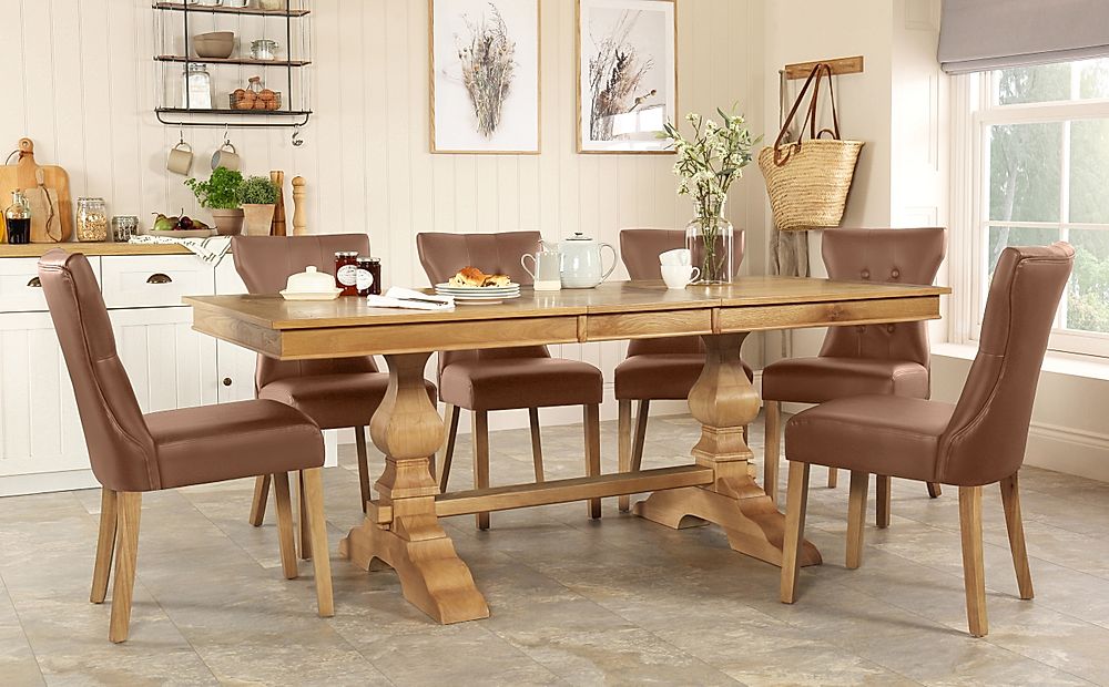 Cavendish Extending Dining Table & 6 Bewley Chairs, Natural Oak Veneer & Solid Hardwood, Tan Classic Faux Leather & Natural Oak Finished Solid Hardwood, 160-200cm