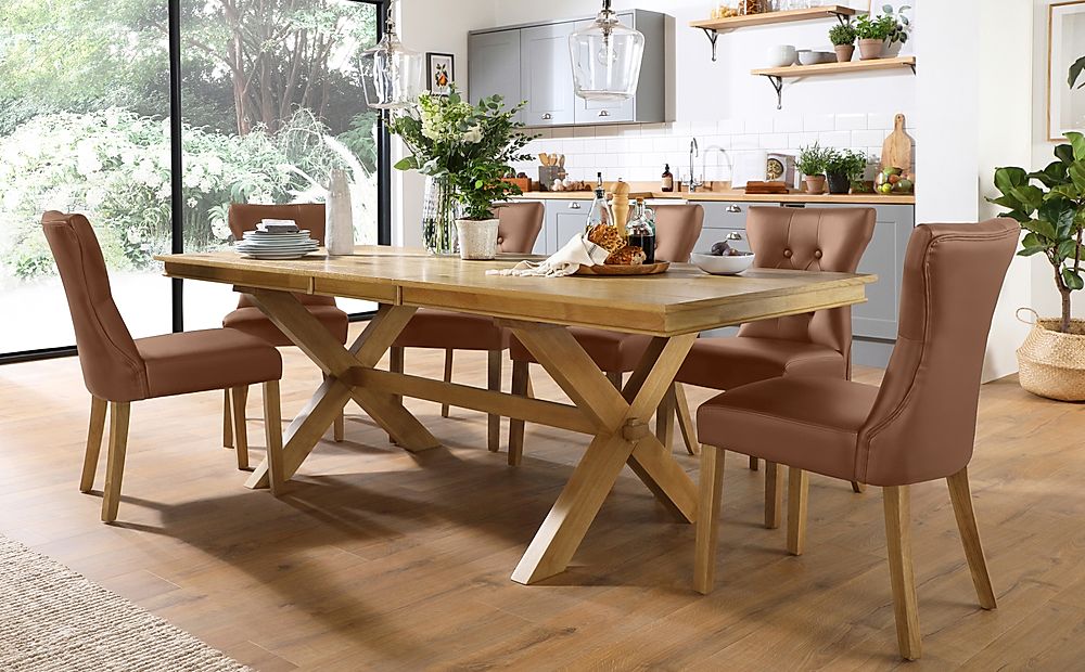 Grange Extending Dining Table & 4 Bewley Chairs, Natural Oak Veneer & Solid Hardwood, Tan Classic Faux Leather & Natural Oak Finished Solid Hardwood, 180-220cm