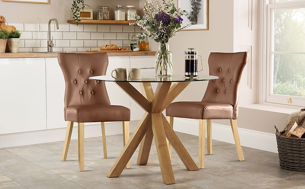 Hatton Round Dining Table & 2 Bewley Chairs, Glass & Natural Oak Finished Solid Hardwood, Tan Classic Faux Leather, 100cm