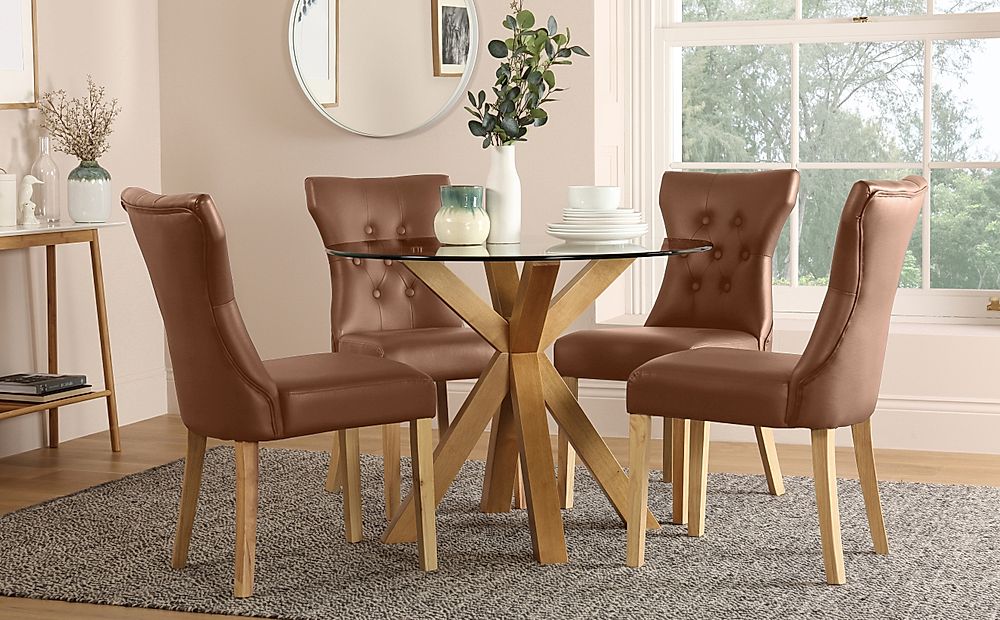 Hatton Round Dining Table & 4 Bewley Chairs, Glass & Natural Oak Finished Solid Hardwood, Tan Classic Faux Leather, 100cm