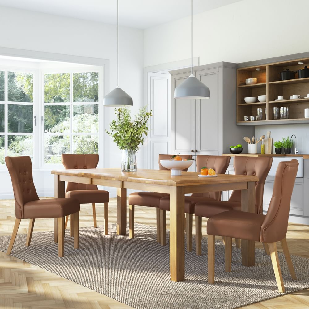 Highbury Extending Dining Table & 4 Bewley Chairs, Natural Oak Finished Solid Hardwood, Tan Classic Faux Leather, 150-200cm