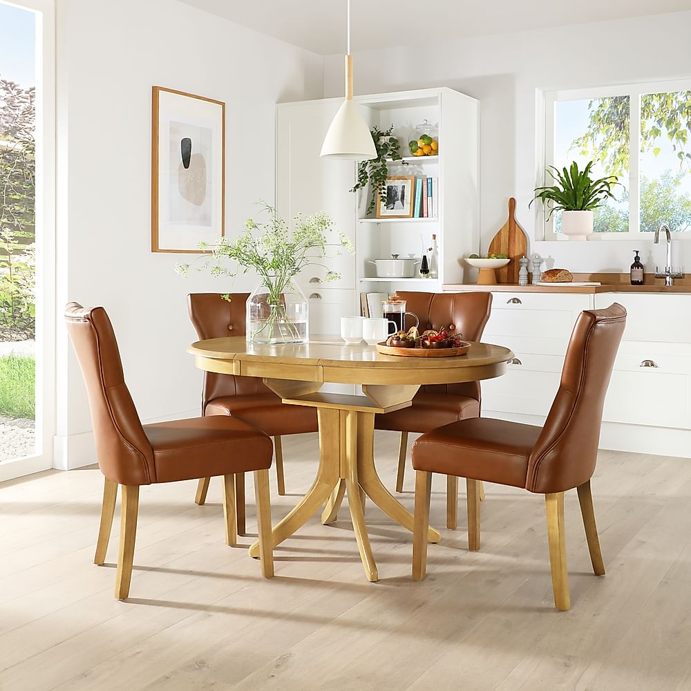 Hudson Round Extending Dining Table & 6 Bewley Chairs, Natural Oak Finished Solid Hardwood, Tan Classic Faux Leather, 90-120cm