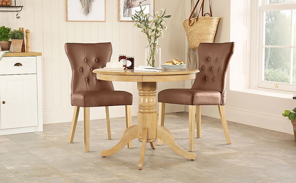 Kingston Round Dining Table & 2 Bewley Chairs, Natural Oak Finished Solid Hardwood, Tan Classic Faux Leather, 90cm