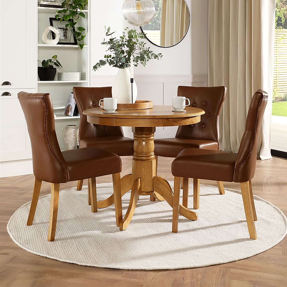 Kingston Round Dining Table & 4 Bewley Chairs, Natural Oak Finished Solid Hardwood, Tan Classic Faux Leather, 90cm