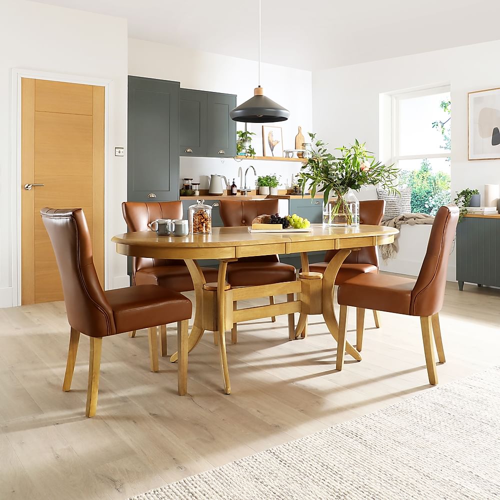 Townhouse Oval Extending Dining Table & 4 Bewley Chairs, Natural Oak Finished Solid Hardwood, Tan Classic Faux Leather, 150-180cm