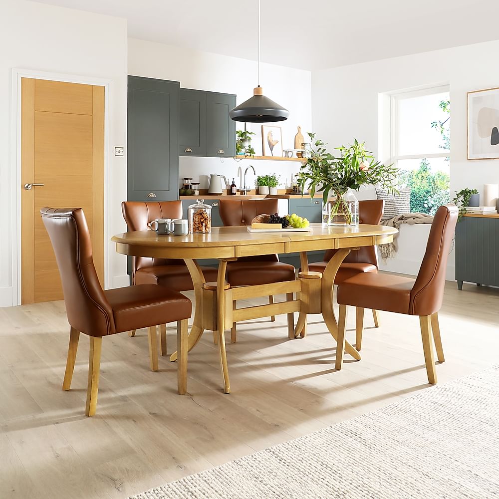Townhouse Oval Extending Dining Table & 6 Bewley Chairs, Natural Oak Finished Solid Hardwood, Tan Classic Faux Leather, 150-180cm