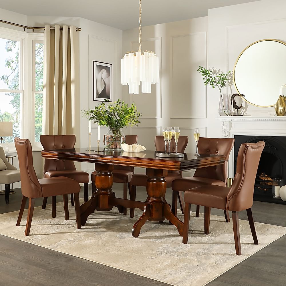Chatsworth Extending Dining Table & 4 Bewley Chairs, Dark Solid Hardwood, Tan Classic Faux Leather, 150-180cm