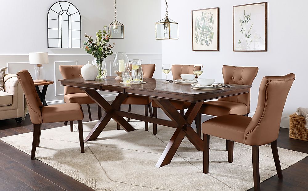 Grange Extending Dining Table & 4 Bewley Chairs, Dark Oak Veneer & Solid Hardwood, Tan Classic Faux Leather & Dark Solid Hardwood, 180-220cm