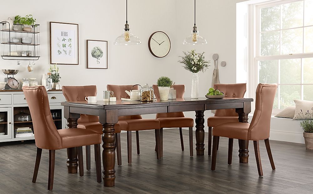 Hampshire Extending Dining Table & 6 Bewley Chairs, Dark Solid Hardwood, Tan Classic Faux Leather, 150-200cm