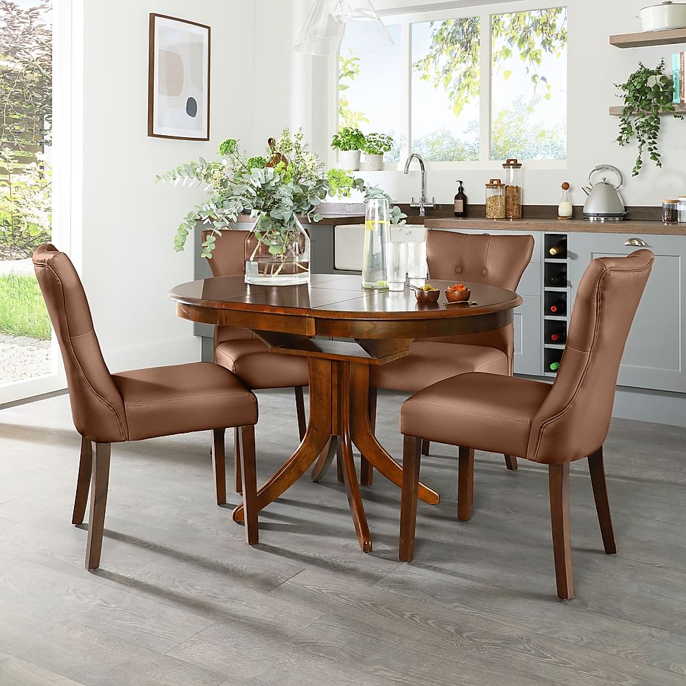 Hudson Round Extending Dining Table & 6 Bewley Chairs, Dark Solid Hardwood, Tan Classic Faux Leather, 90-120cm