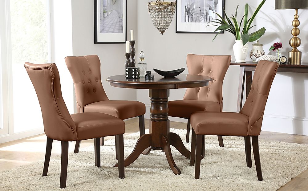 Kingston Round Dining Table & 4 Bewley Chairs, Dark Solid Hardwood, Tan Classic Faux Leather, 90cm