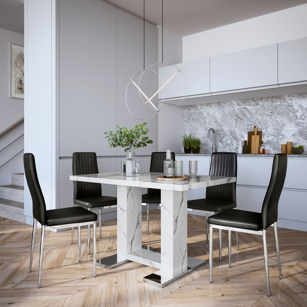 Joule Dining Table & 6 Leon Chairs, White Marble Effect, Black Classic Faux Leather & Chrome, 120cm