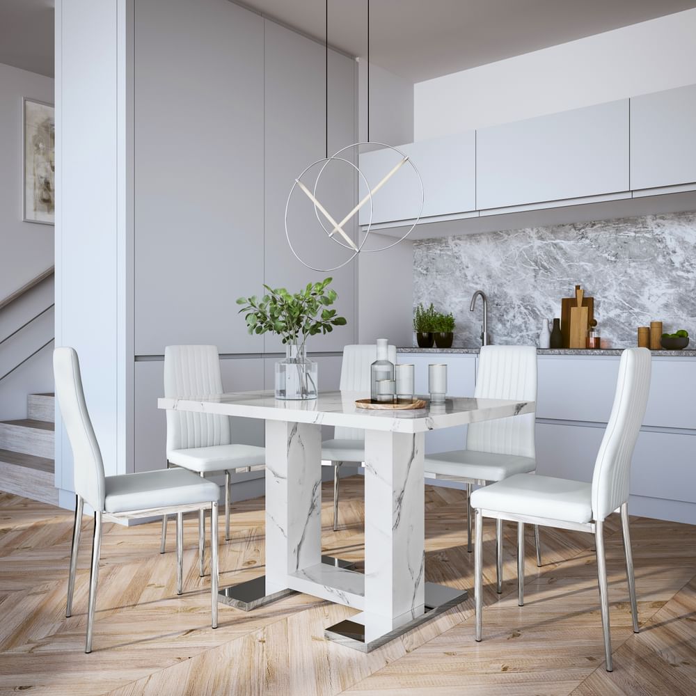 Joule Dining Table & 4 Leon Chairs, White Marble Effect, White Classic Faux Leather & Chrome, 120cm