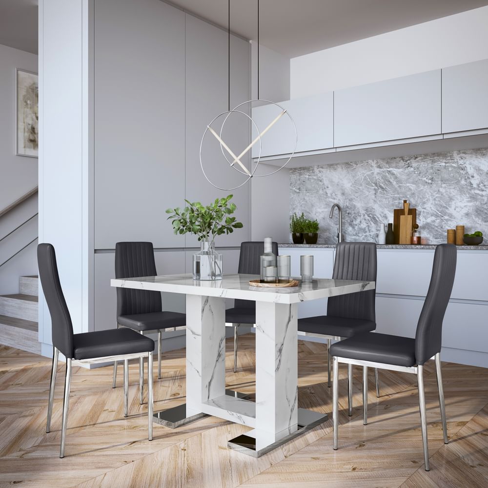Joule Dining Table & 4 Leon Chairs, White Marble Effect, Grey Classic Faux Leather & Chrome, 120cm