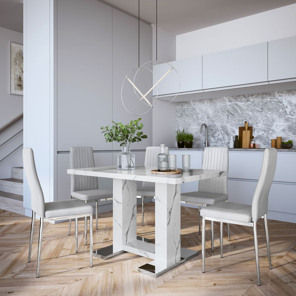 Joule Dining Table & 4 Leon Chairs, White Marble Effect, Light Grey Classic Faux Leather & Chrome, 120cm
