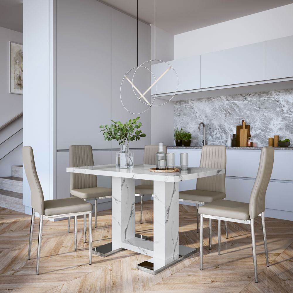 Joule Dining Table & 4 Leon Chairs, White Marble Effect, Stone Grey Classic Faux Leather & Chrome, 120cm