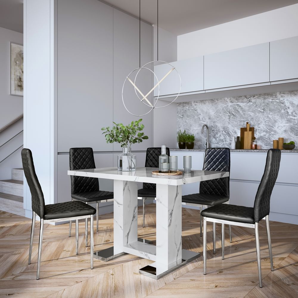 Joule Dining Table & 6 Renzo Chairs, White Marble Effect, Black Classic Faux Leather & Chrome, 120cm