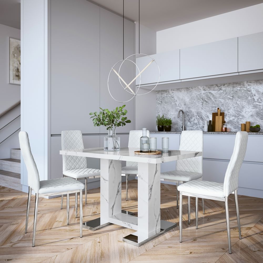 Joule Dining Table & 4 Renzo Chairs, White Marble Effect, White Classic Faux Leather & Chrome, 120cm