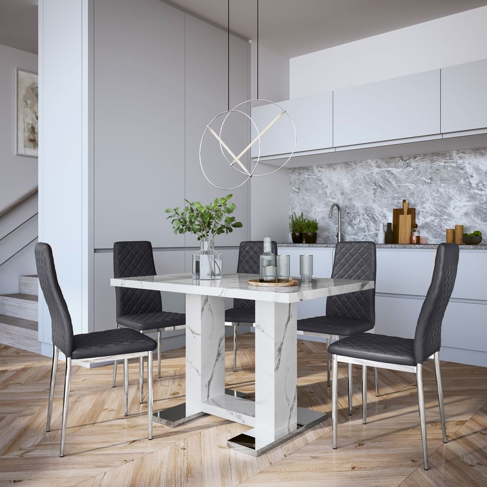 Joule Dining Table & 4 Renzo Chairs, White Marble Effect, Grey Classic Faux Leather & Chrome, 120cm