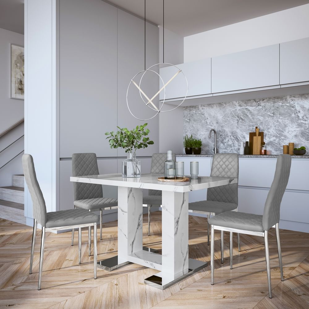 Joule Dining Table & 4 Renzo Chairs, White Marble Effect, Grey Classic Velvet & Chrome, 120cm