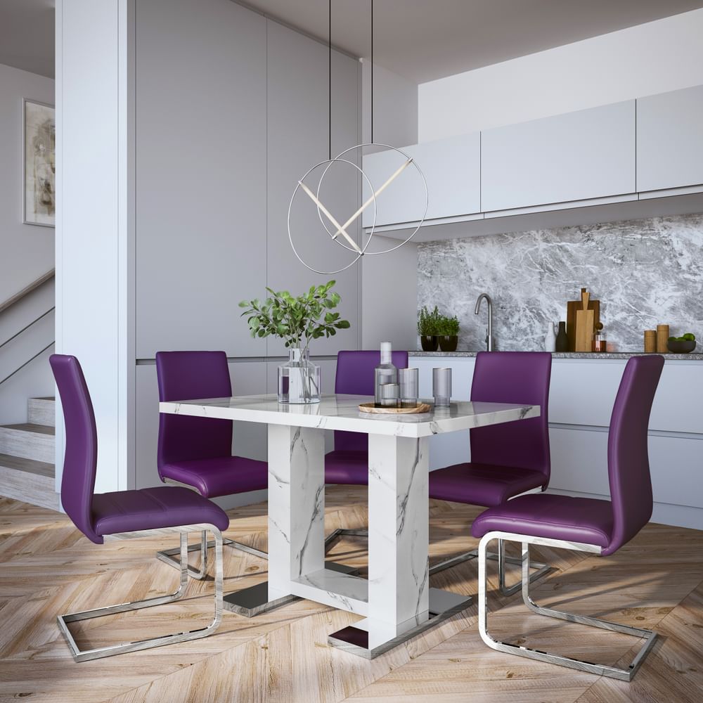 Joule Dining Table & 6 Perth Chairs, White Marble Effect, Purple Classic Faux Leather & Chrome, 120cm