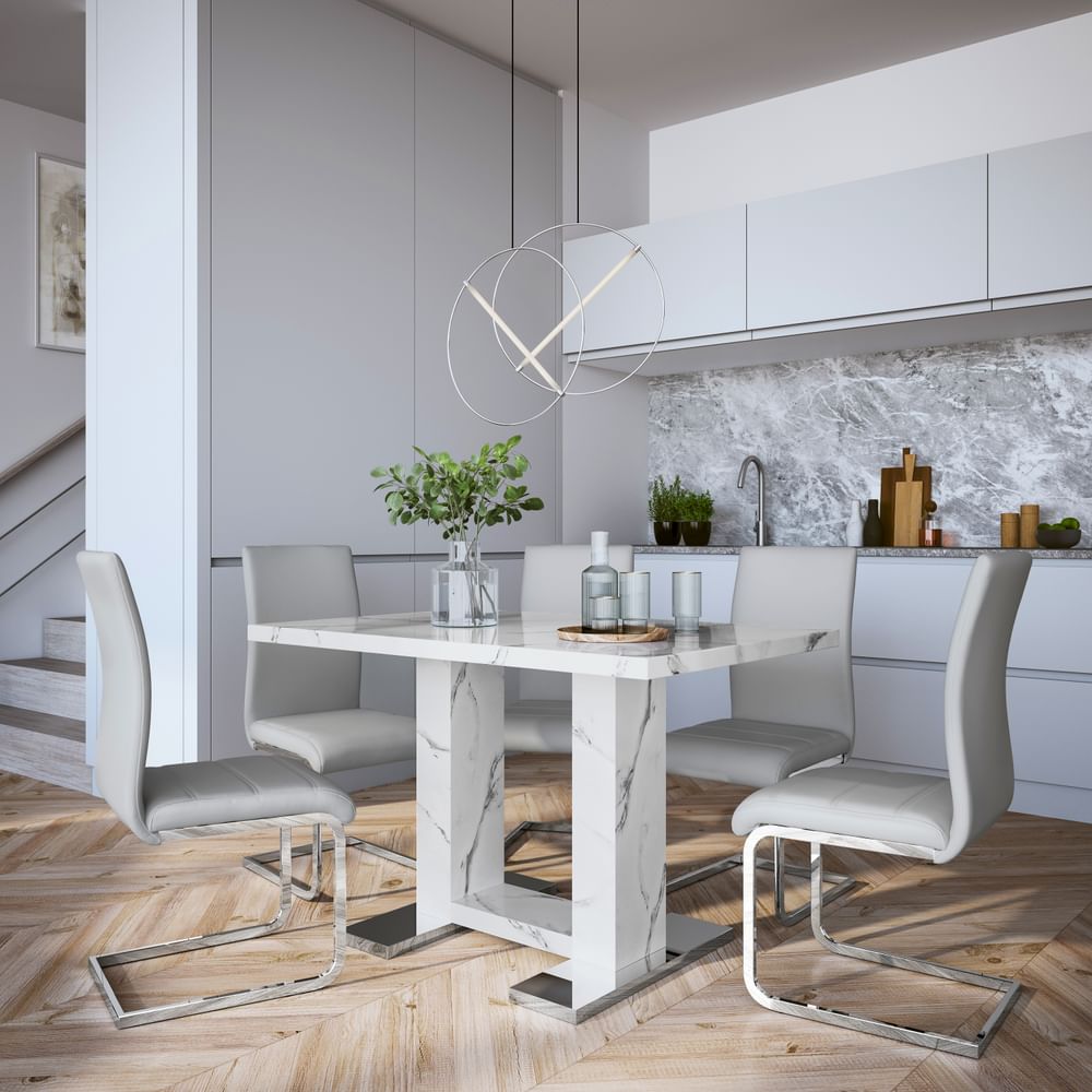 Joule Dining Table & 4 Perth Chairs, White Marble Effect, Light Grey Classic Faux Leather & Chrome, 120cm