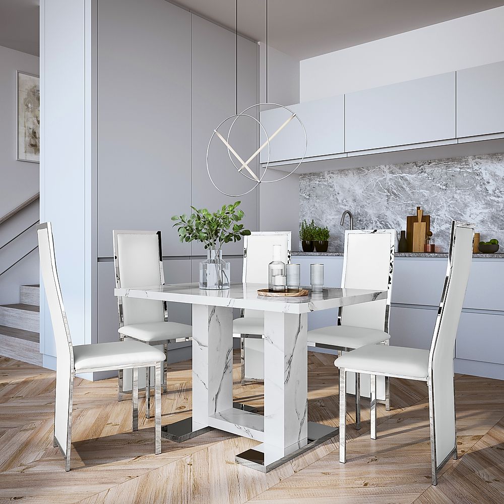 Joule Dining Table & 4 Celeste Chairs, White Marble Effect, White Classic Faux Leather & Chrome, 120cm