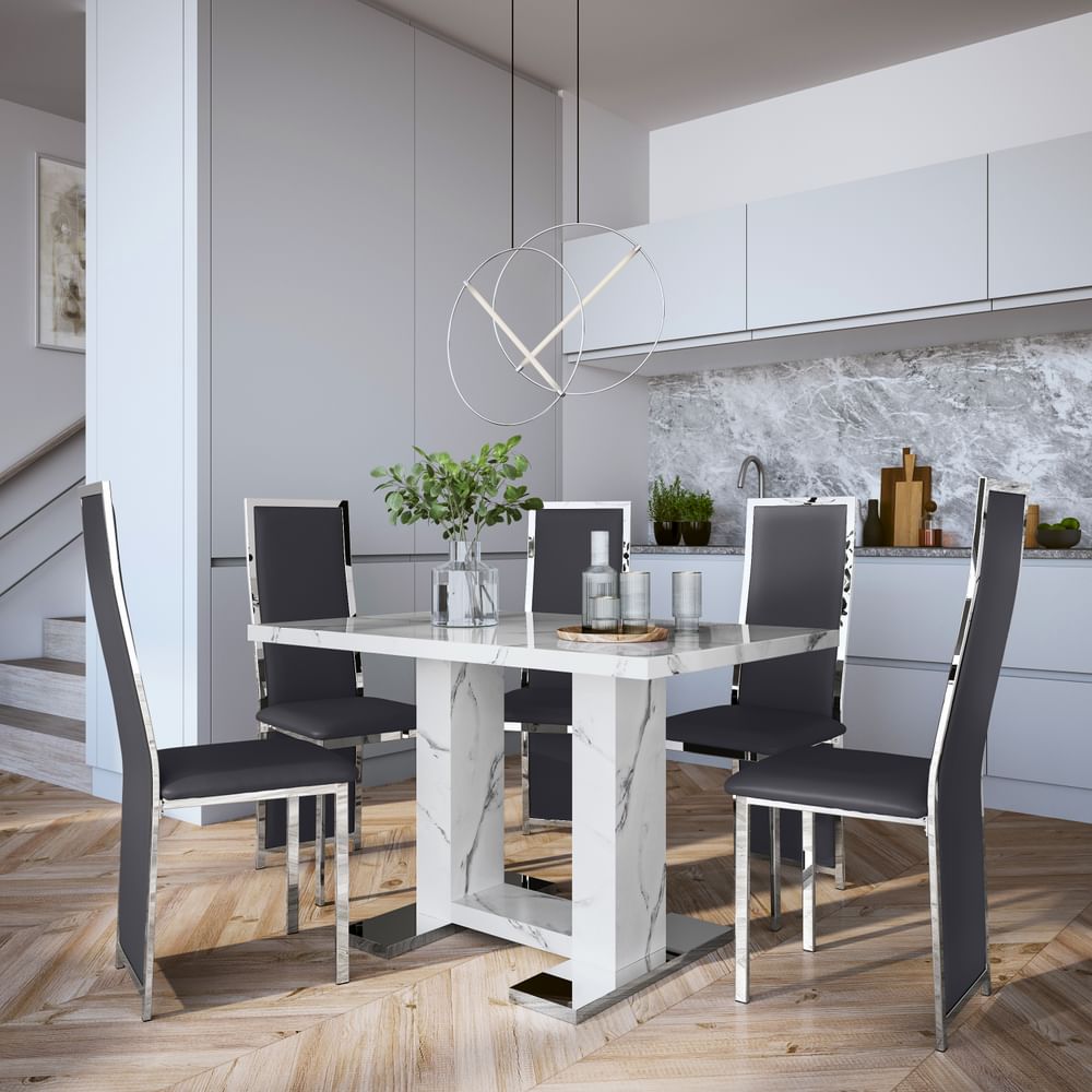 Joule Dining Table & 6 Celeste Chairs, White Marble Effect, Grey Classic Faux Leather & Chrome, 120cm