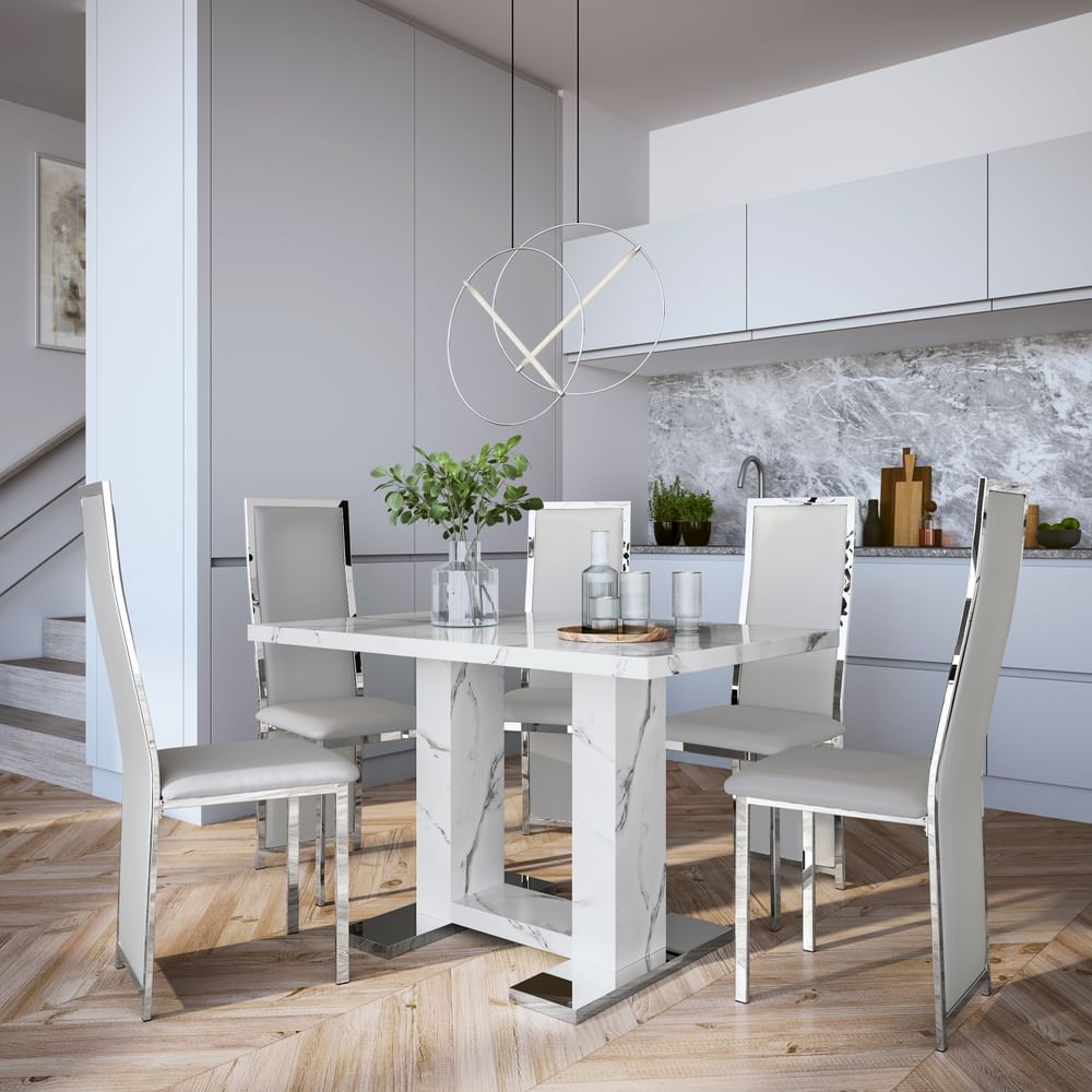 Joule Dining Table & 4 Celeste Chairs, White Marble Effect, Light Grey Classic Faux Leather & Chrome, 120cm