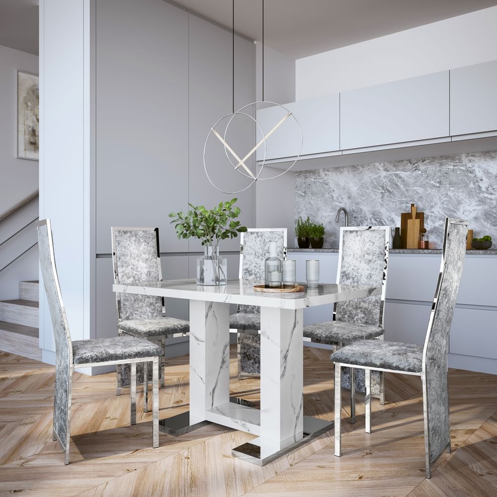 Joule Dining Table & 4 Celeste Chairs, White Marble Effect, Silver Crushed Velvet & Chrome, 120cm