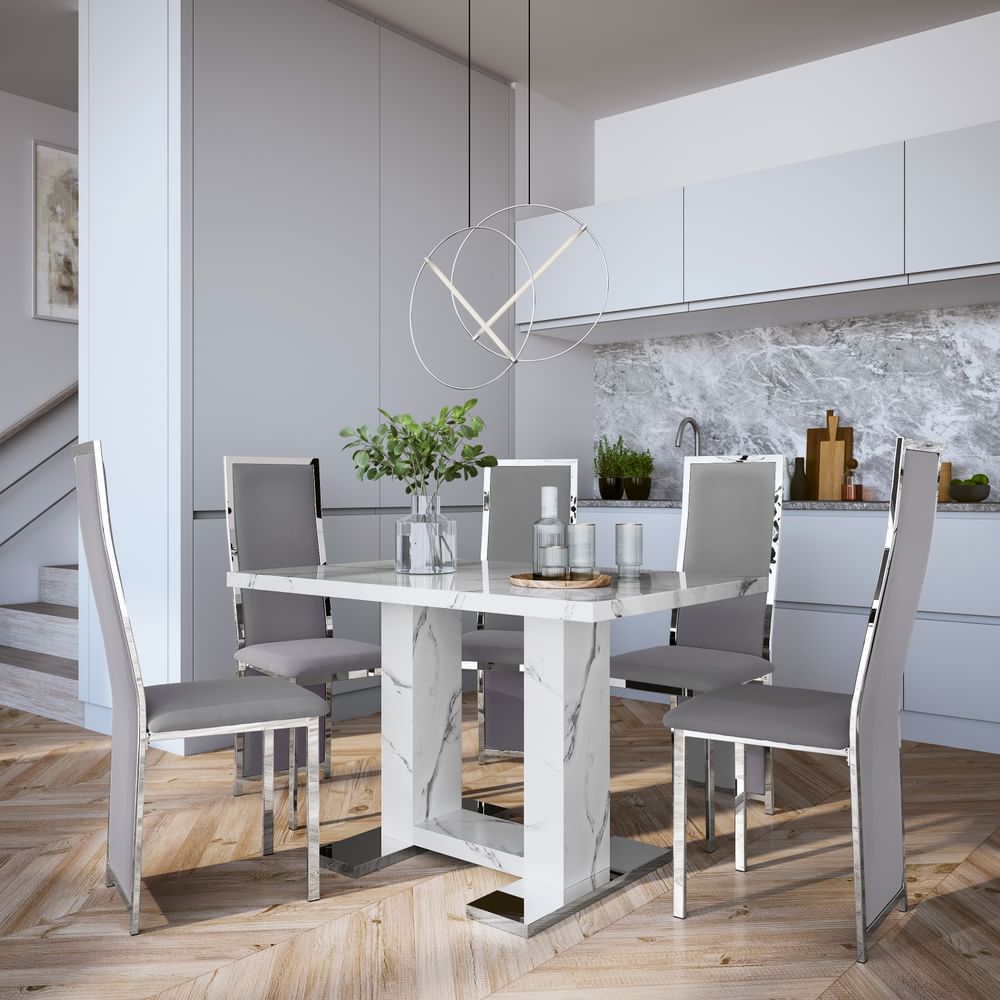 Joule Dining Table & 4 Celeste Chairs, White Marble Effect, Grey Classic Velvet & Chrome, 120cm